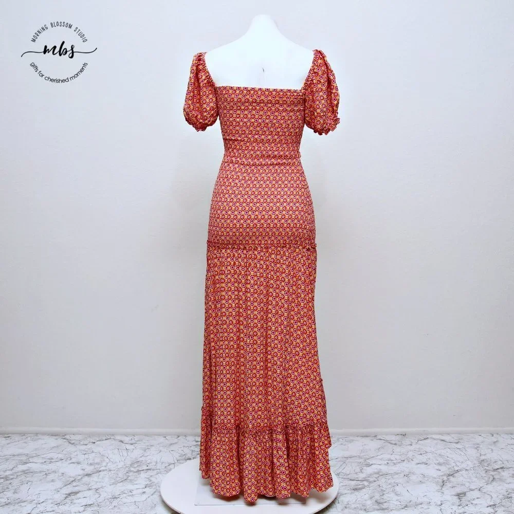 L*SPACE Simone Floral Square‎ Neck Short Sleeve Smocked High Low Maxi Dress - Picture 9 of 16